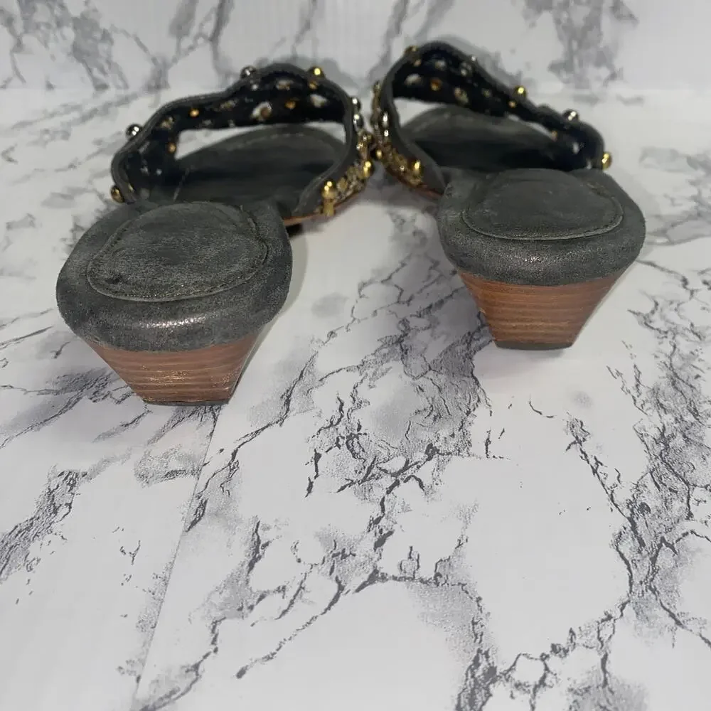 Eric Javits Black Gold Bronze Metallic Crochet Beaded Sandals Women's Size 6